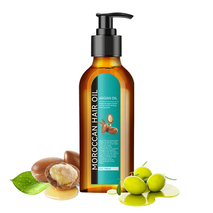 Moroccan hair oil bottle with argan oil graphics on a white background